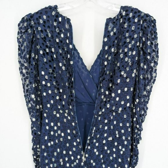 Kate Spade Scatter Dot Dress 6 Navy Silver Faux Wrap Ruffle Velvet Long Sleeve - Picture 12 of 14